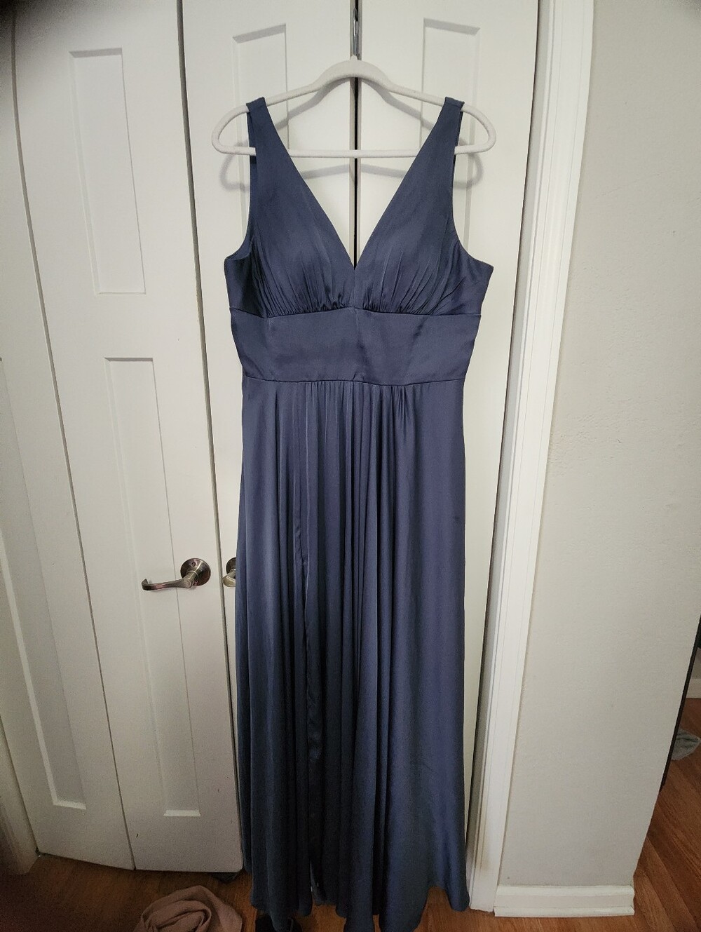 Satin Elegant Navy V-Neck Maxi Dress